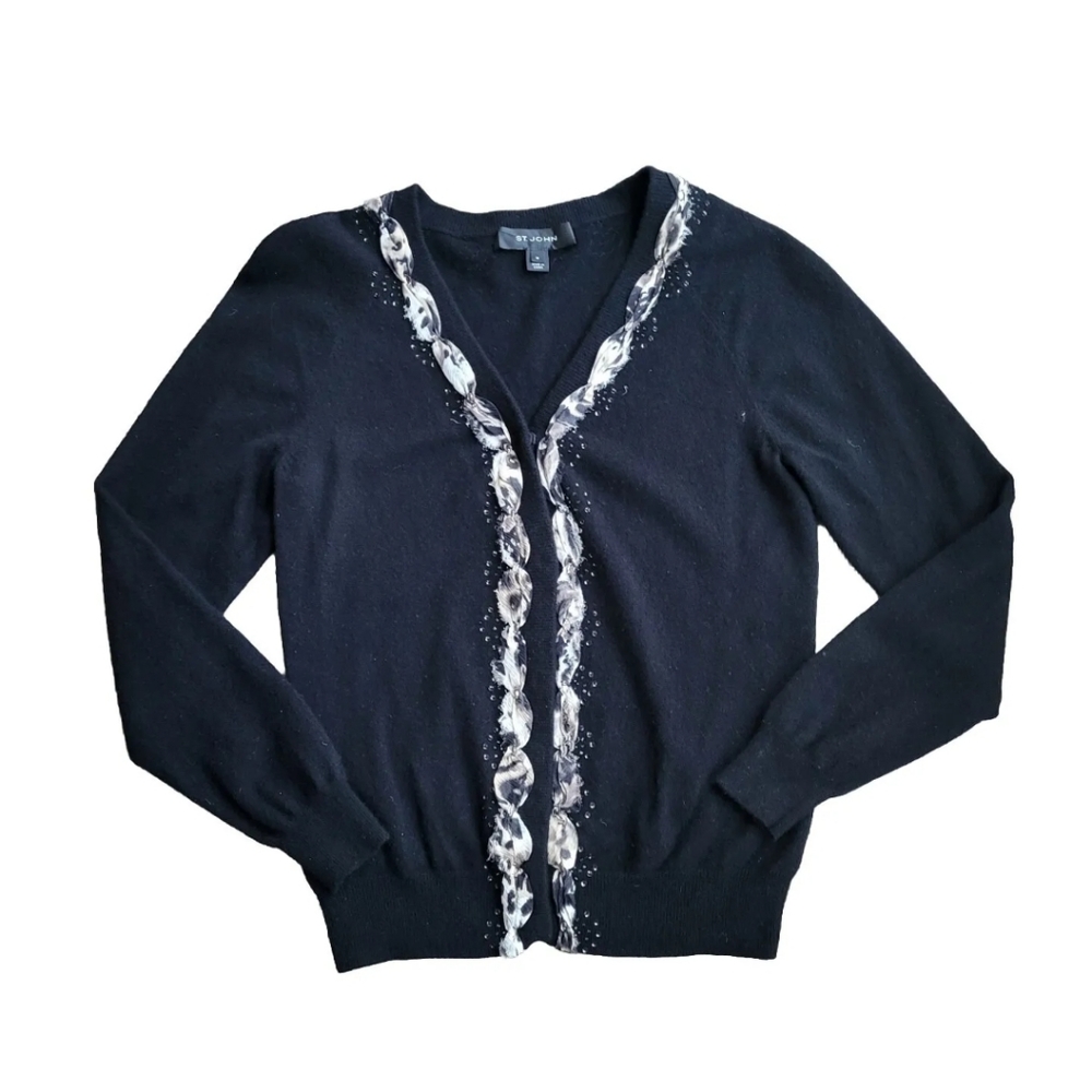 St John Black Cashmere Cardigan Sweater Medium Silk Trim V-neck Front Button